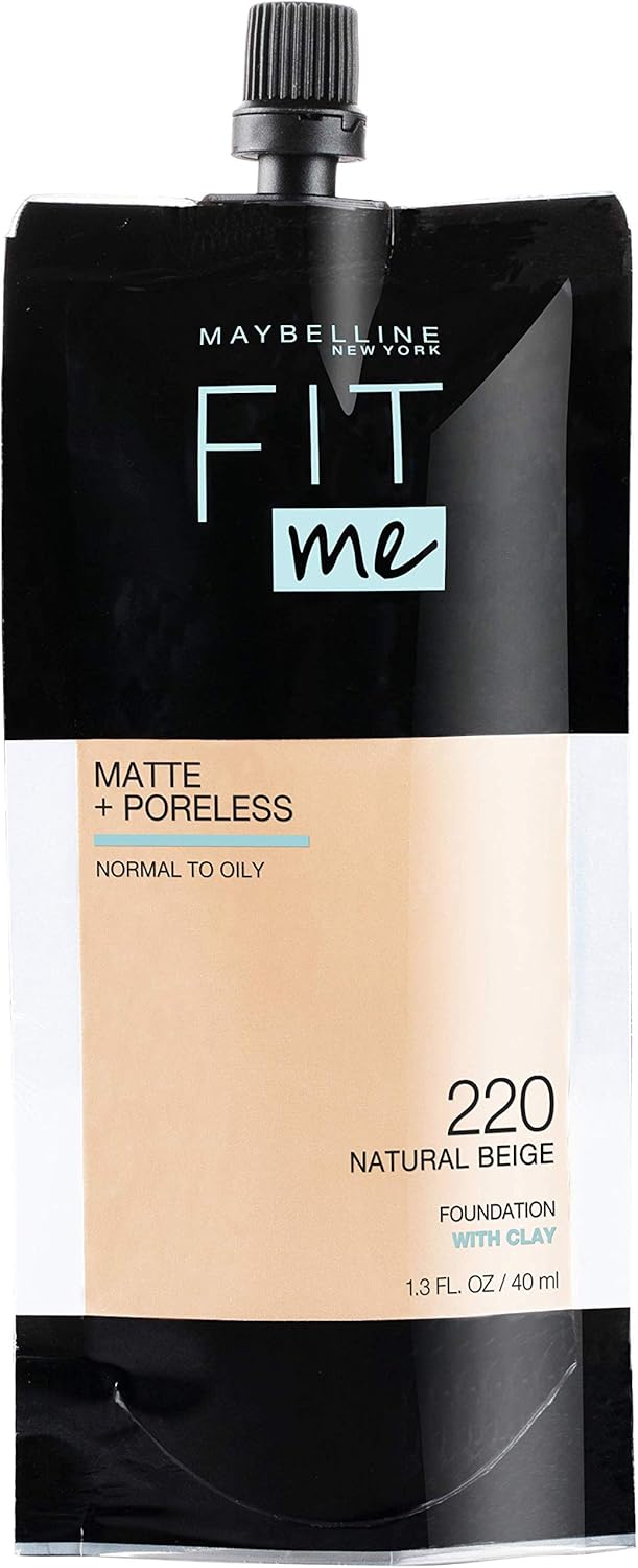 Maybelline New York Fit Me Matte   Poreless Liquid Foundation, Pouch Format, 220 Natural Beige, 1.3 Ounce